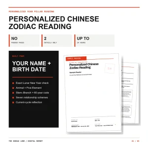 Personalized Chinese zodiac reading PDF, content-led layout without padded pages, emailed within 24 hours