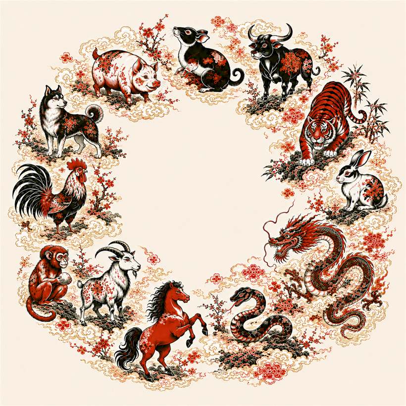 The twelve Chinese zodiac animals as tattoo motifs, traditional Chinese illustration