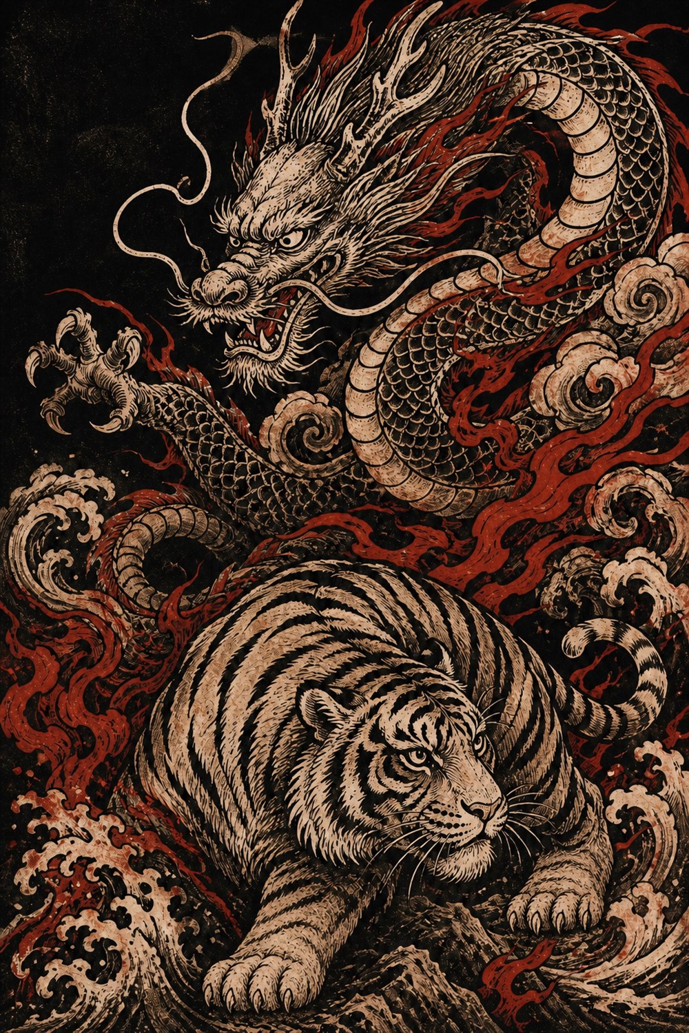 Red, black, and ivory tattoo-flash-style illustration of a Chinese dragon above a tiger with anatomically corrected forepaws.